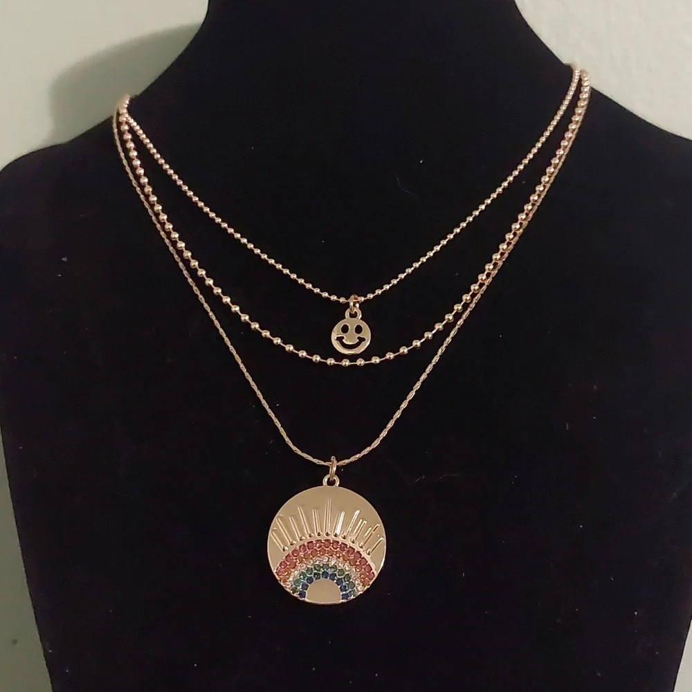 Gold Toned Three Strand Rainbow Smiley Face Ball Chain Necklace